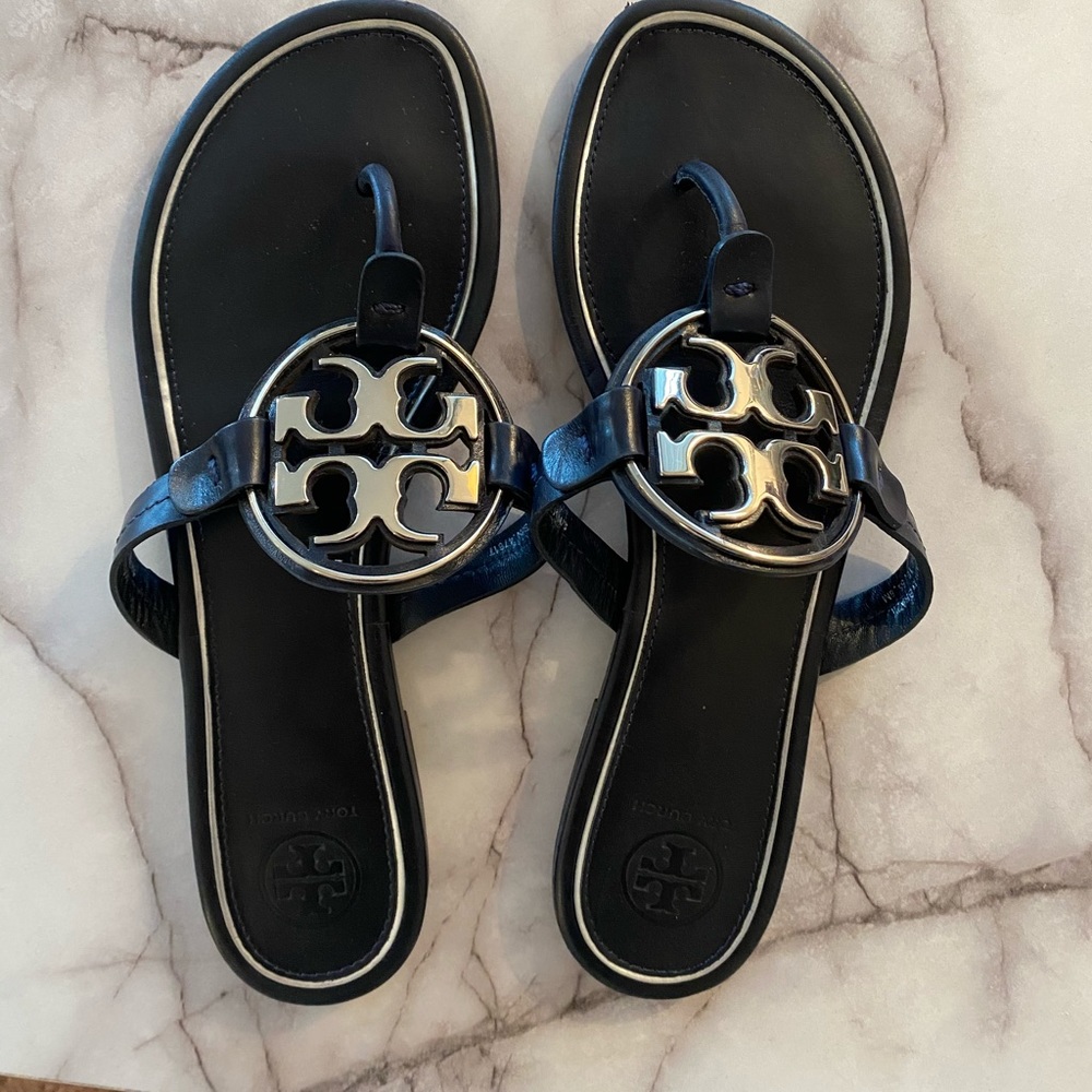 Blue and Silver Tory Burch Miller Sandals